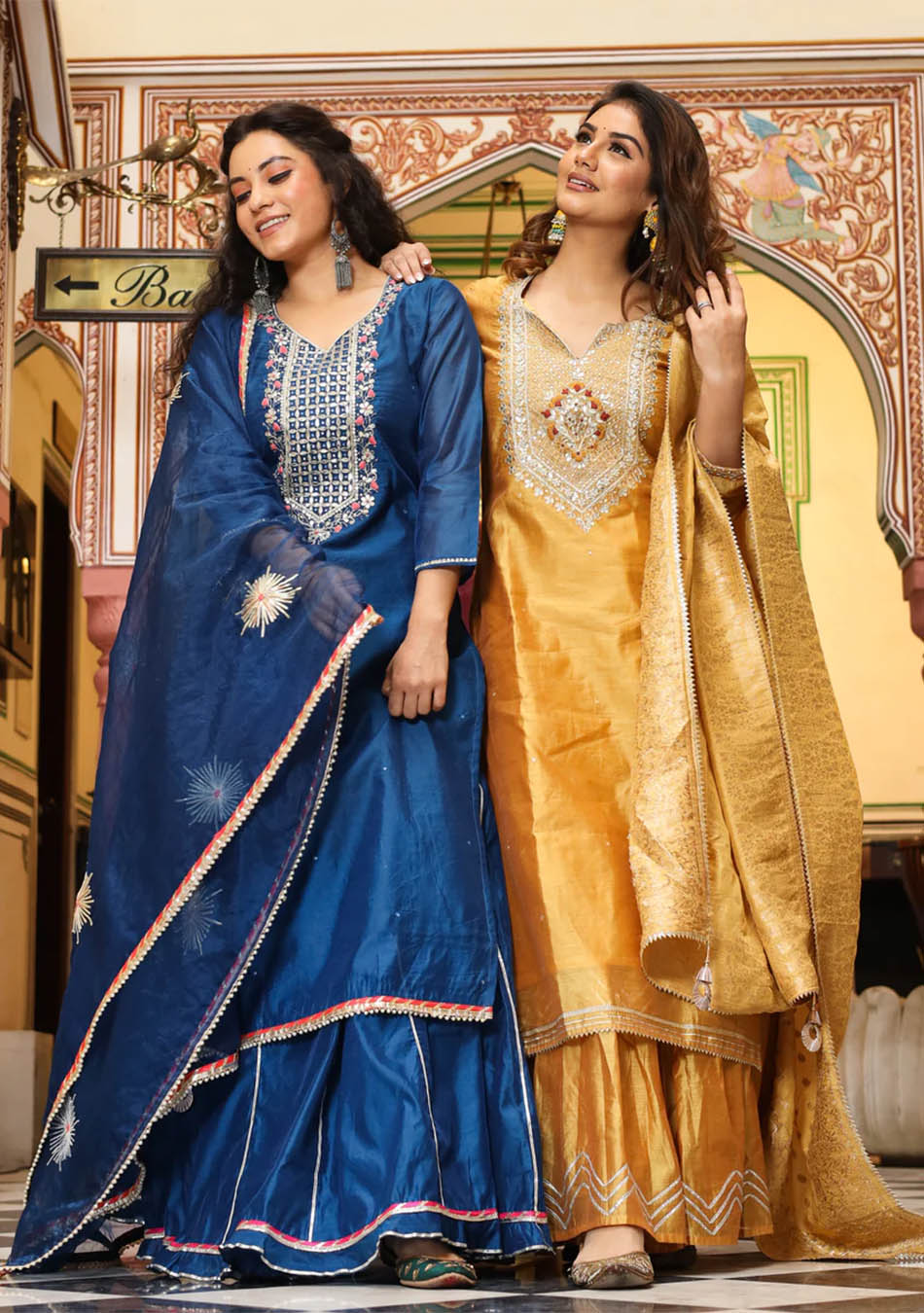 Blue Solid Chenderi Kurta Skirt Set with Dupatta
