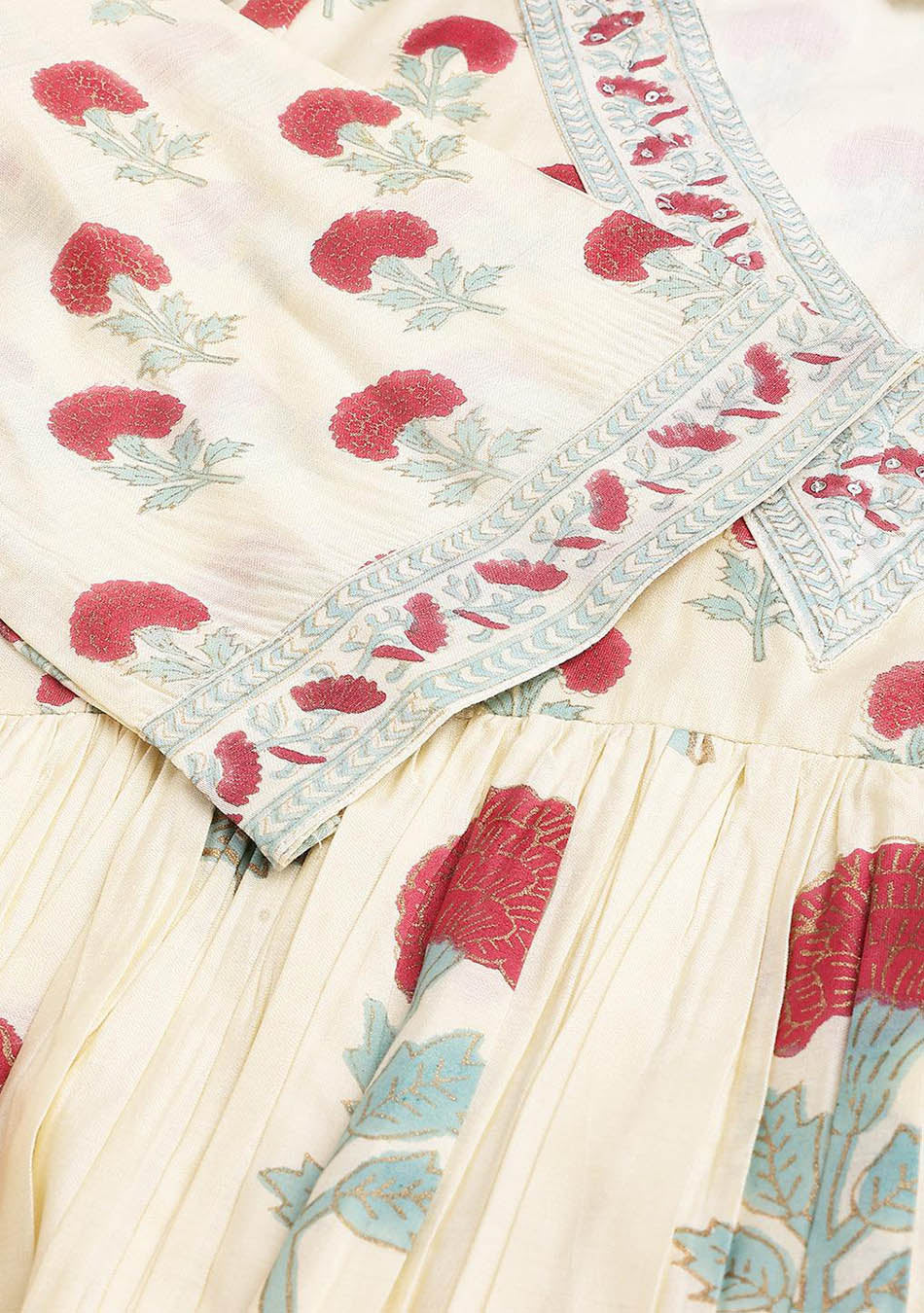 Cream Chanderi Floral Anarkali Kurta Pant Set with Dupatta