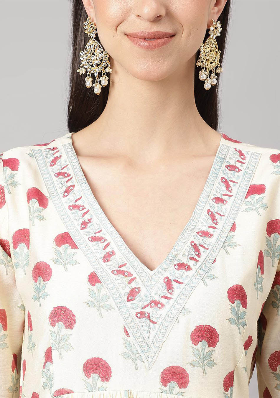 Cream Chanderi Floral Anarkali Kurta Pant Set with Dupatta
