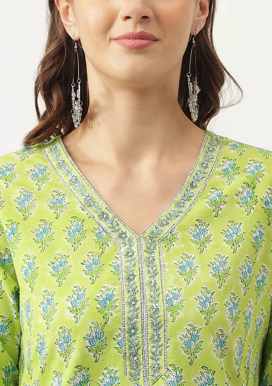 Green Handblock Floral Printed Kurta Trouser & Kota Doria Dupatta Set