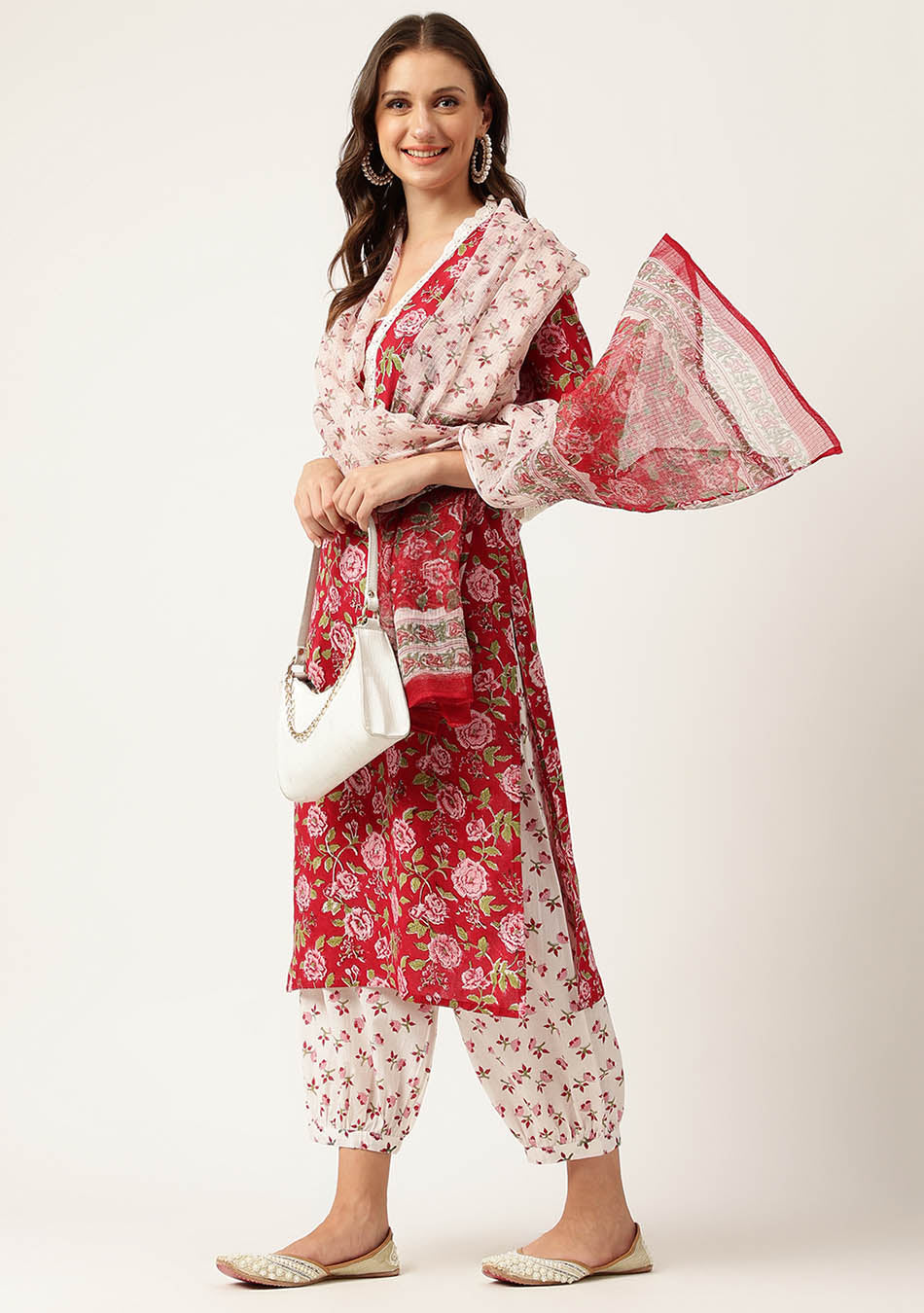Floral HandBlock Printed Kurta Trouser & Kota Dori Dupatta Set