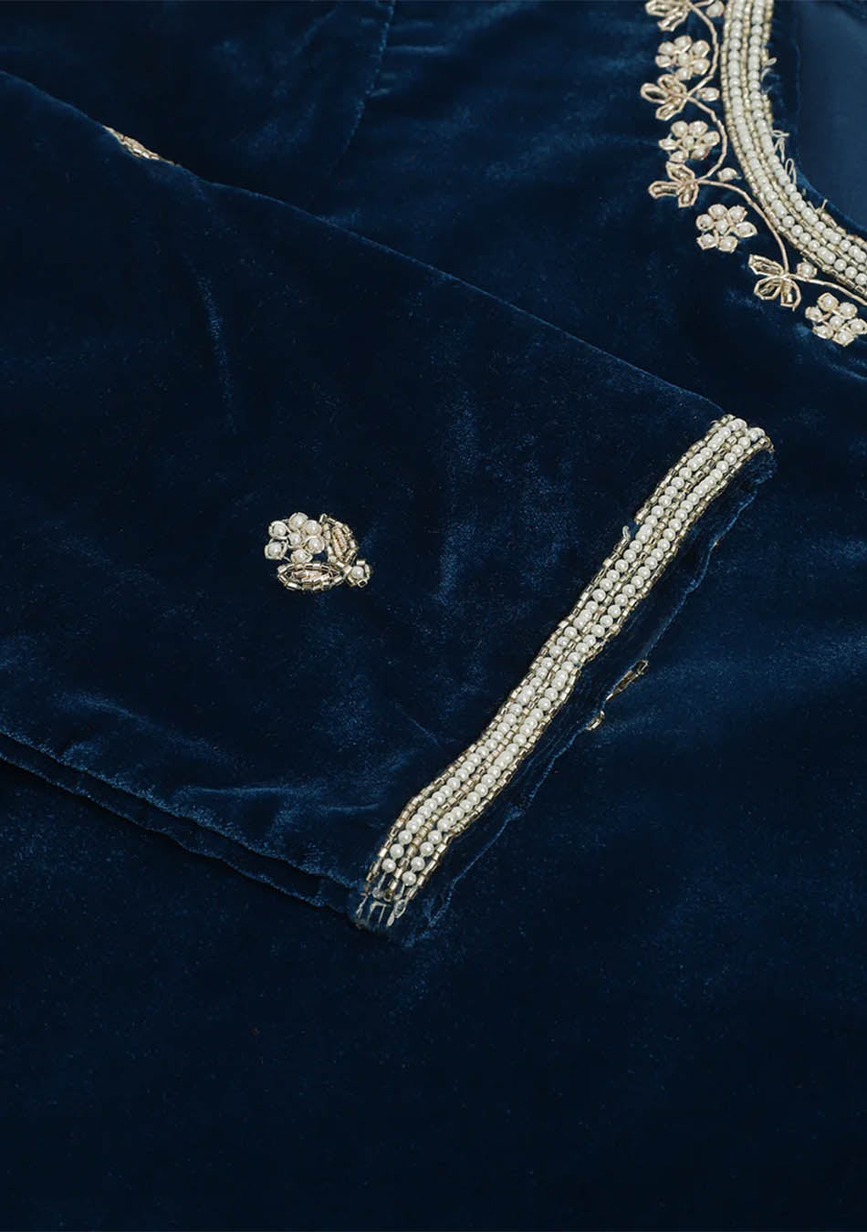 Rayol Blue Hand Embroidered Velvet Straight Kurta, trousers with Dupatta Set