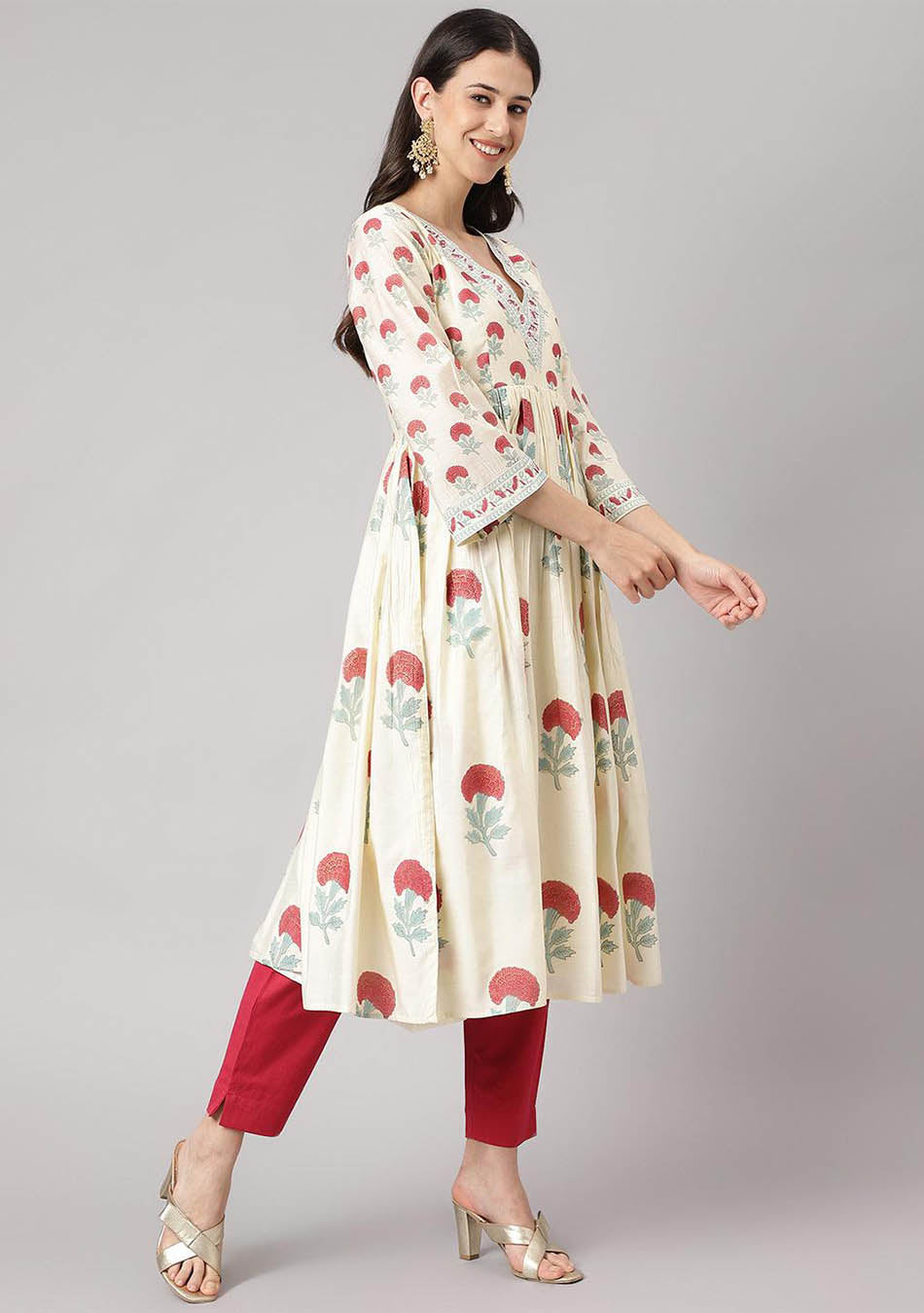 Cream Chanderi Floral Anarkali Kurta Pant Set with Dupatta
