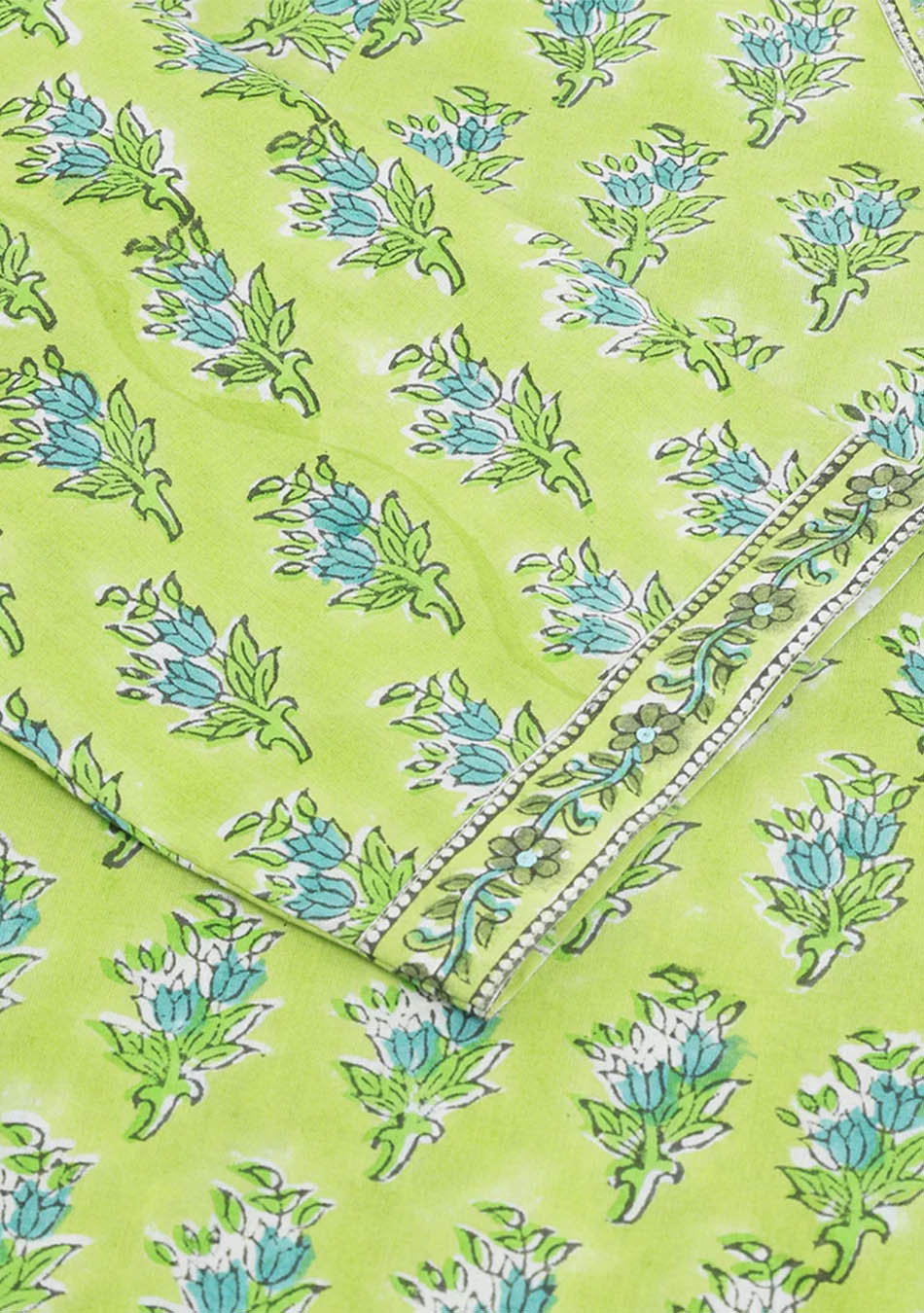 Green Handblock Floral Printed Kurta Trouser & Kota Doria Dupatta Set