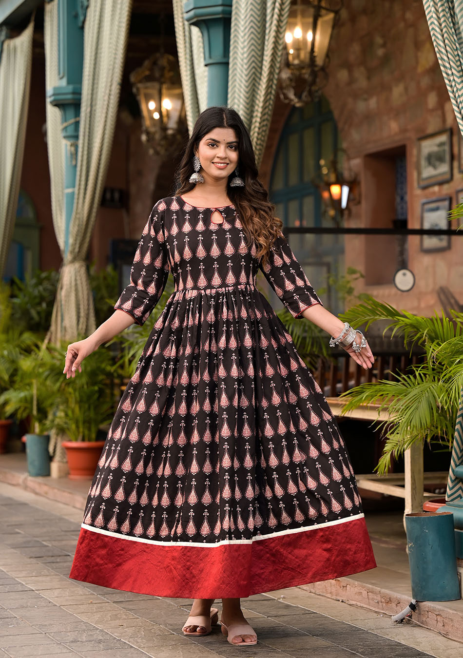 Midnight - Red Cotton Floor Length Anarkali Kurta