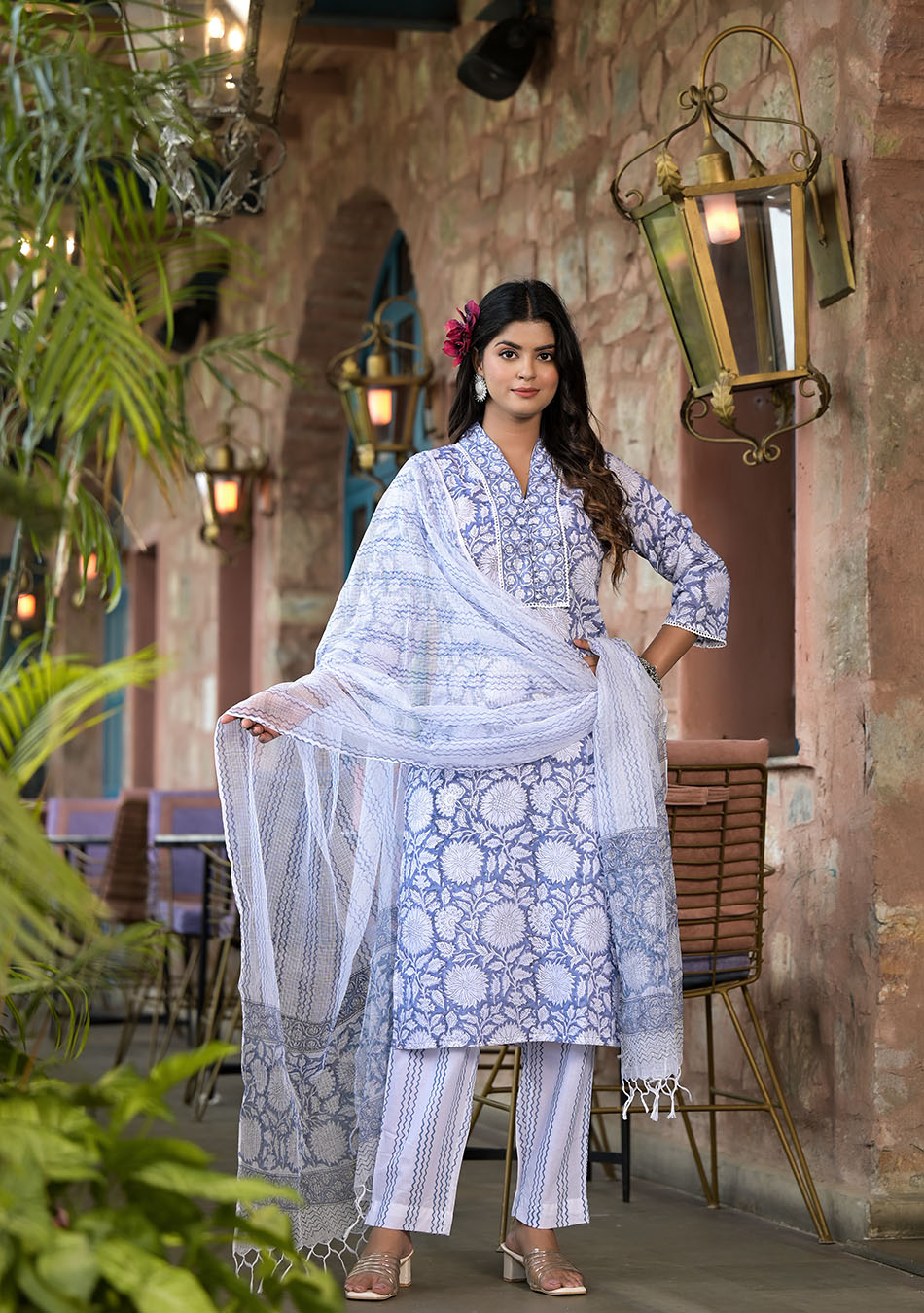 Sky Blue Hand Block Printed Kurta Pant Set with Dupatta