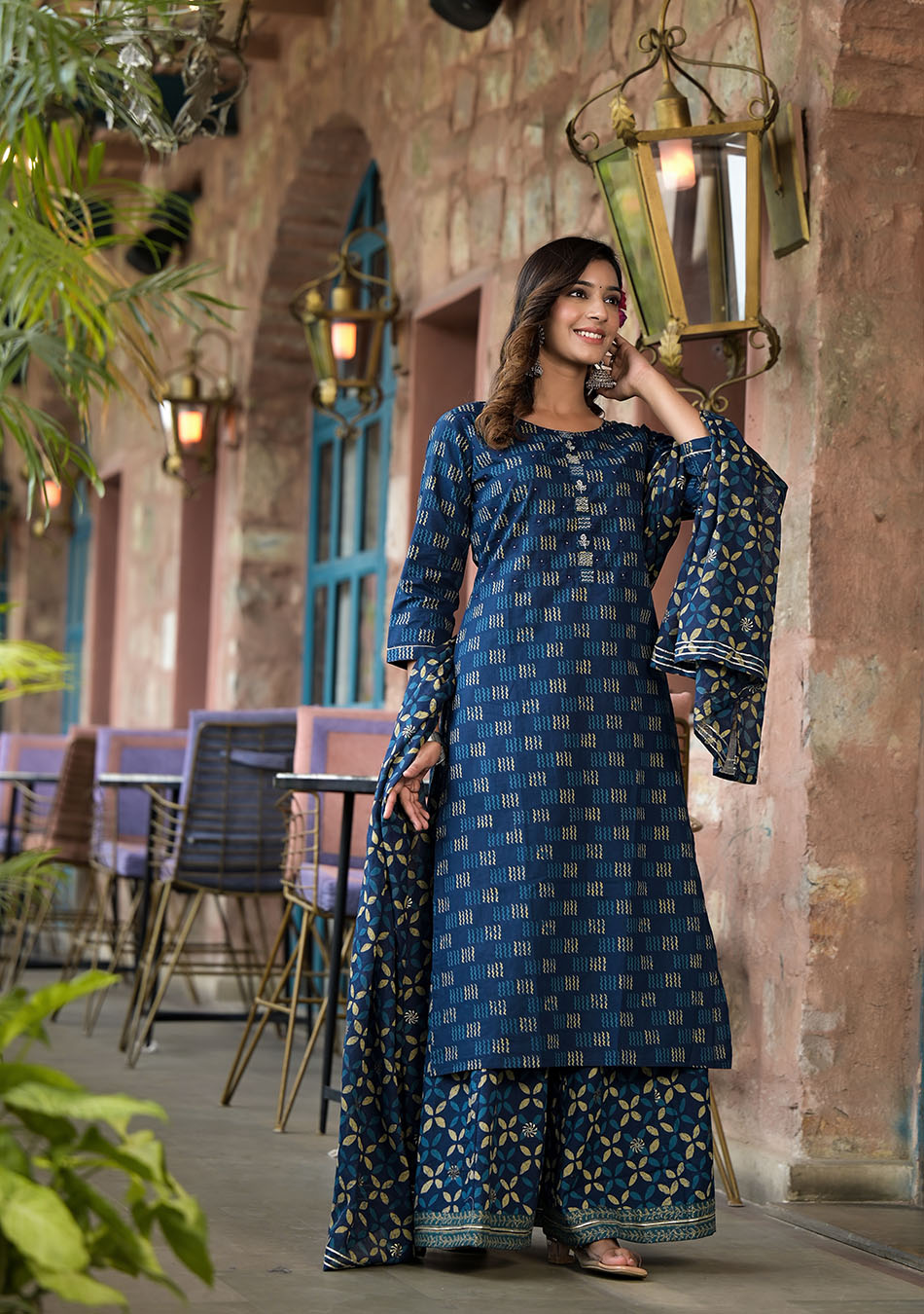 Indigo Kurta Set With Palazzo and Dupatta