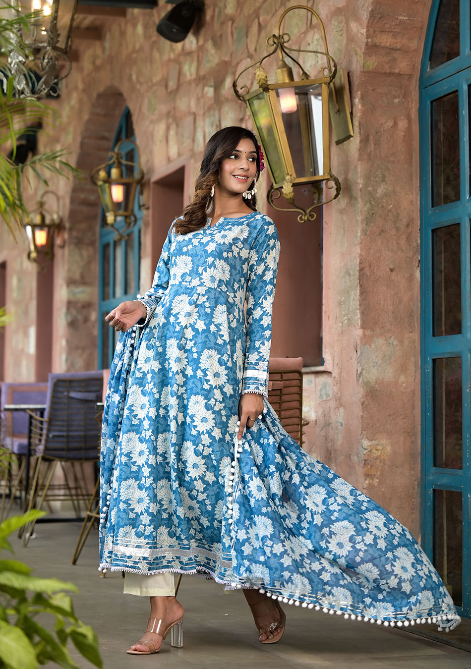 Floral Blue Anarkali Suit with Dupatta