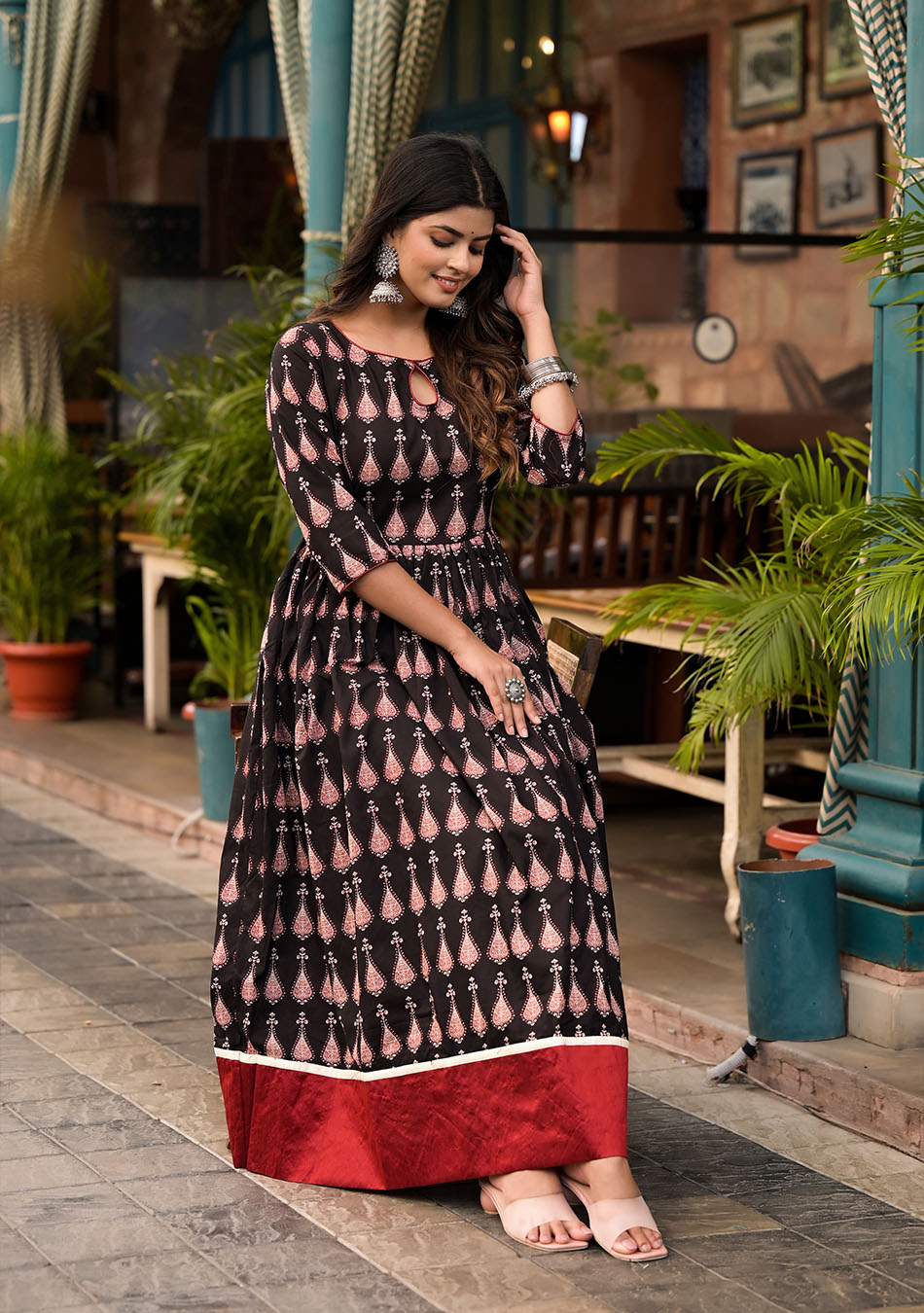 Midnight - Red Cotton Floor Length Anarkali Kurta