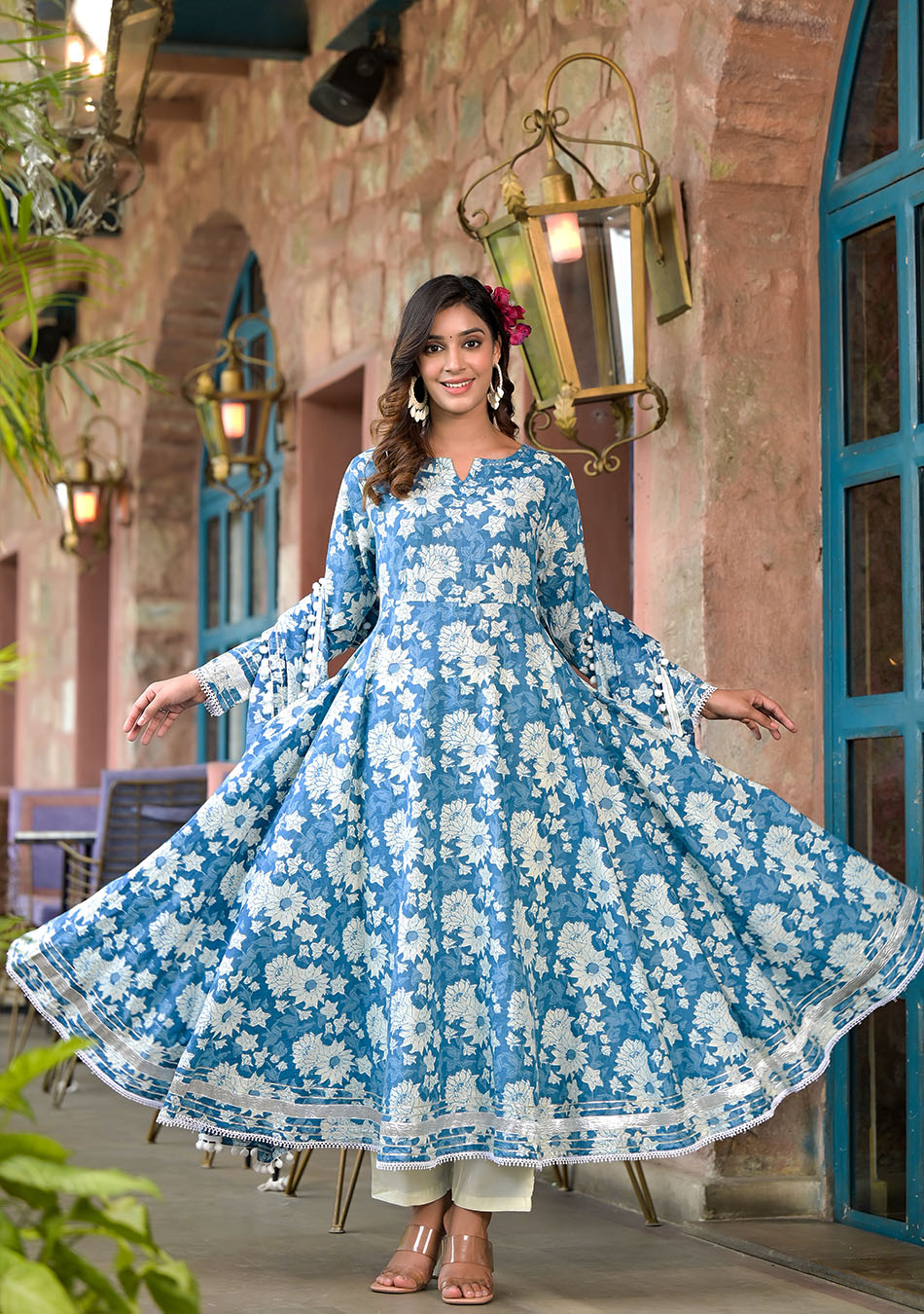 Floral Blue Anarkali Suit with Dupatta
