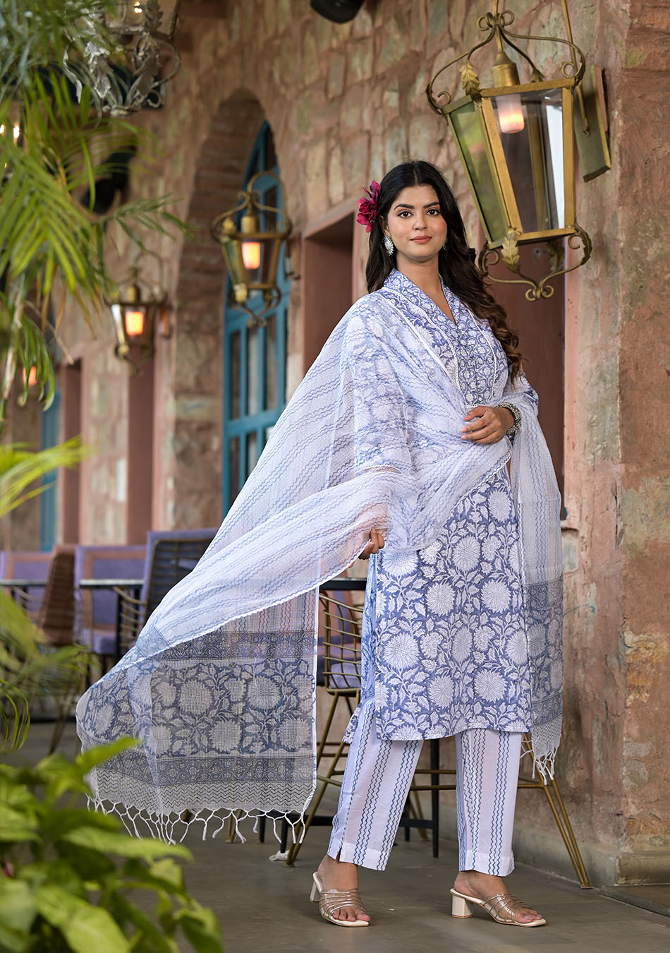 Sky Blue Hand Block Printed Kurta Pant Set with Dupatta