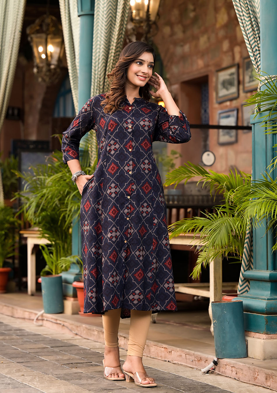 Dark Blue A-Line Printed Rayon Kurta