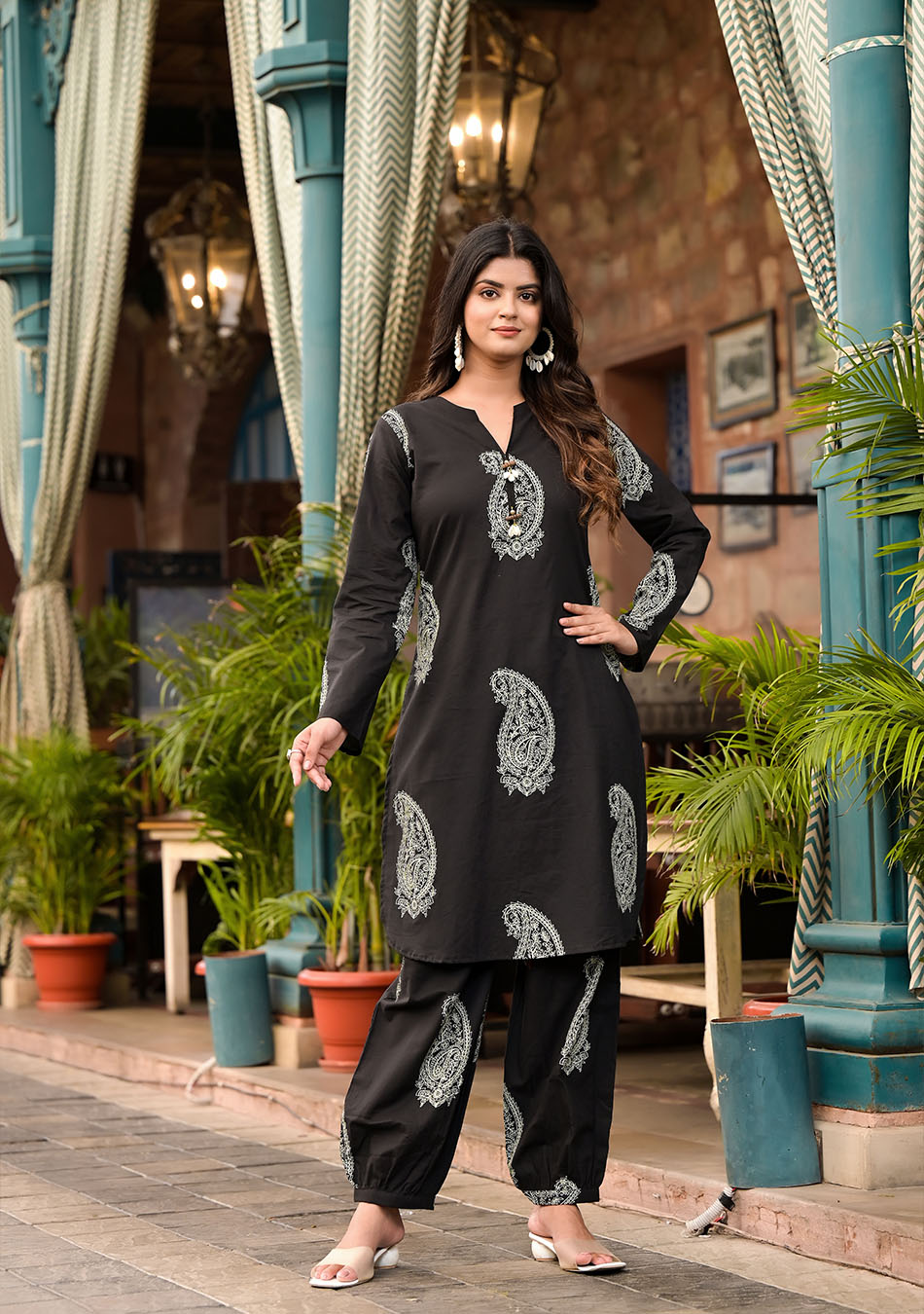 Black Cotton Straight Kurta with Cuffed Hem Pant Set