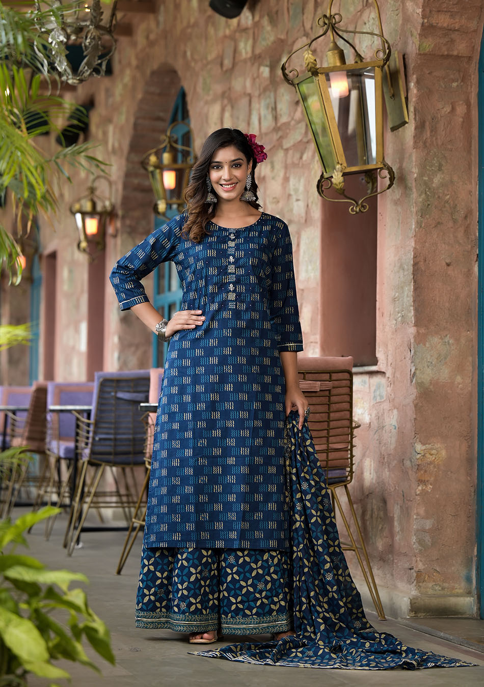 Indigo Kurta Set With Palazzo and Dupatta