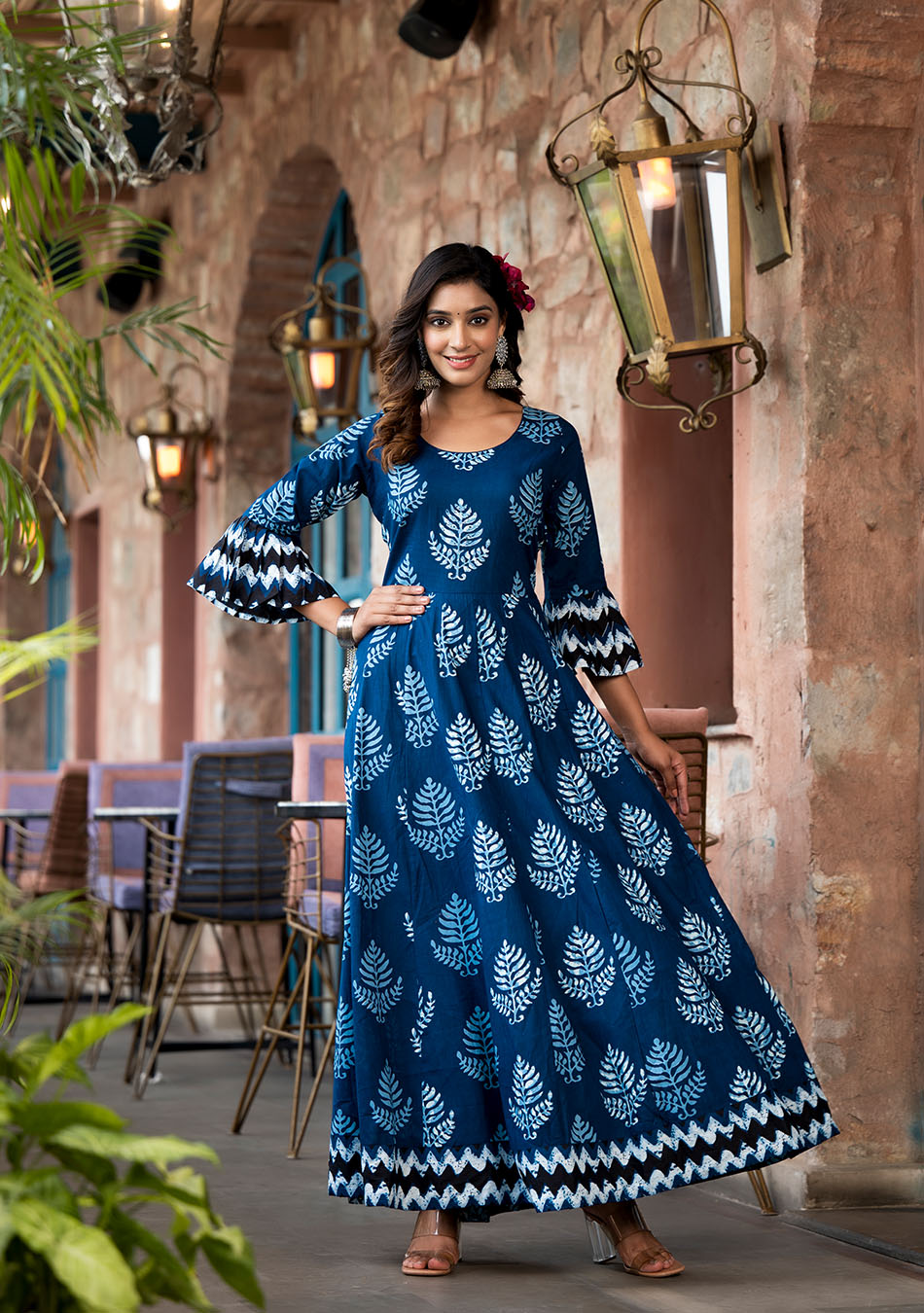 Indigo Elegance Long Cotton Anarkali