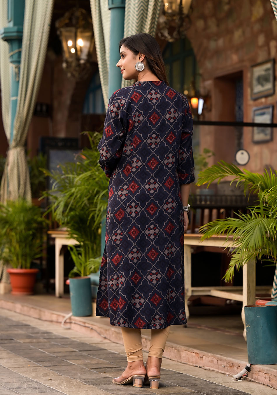 Dark Blue A-Line Printed Rayon Kurta