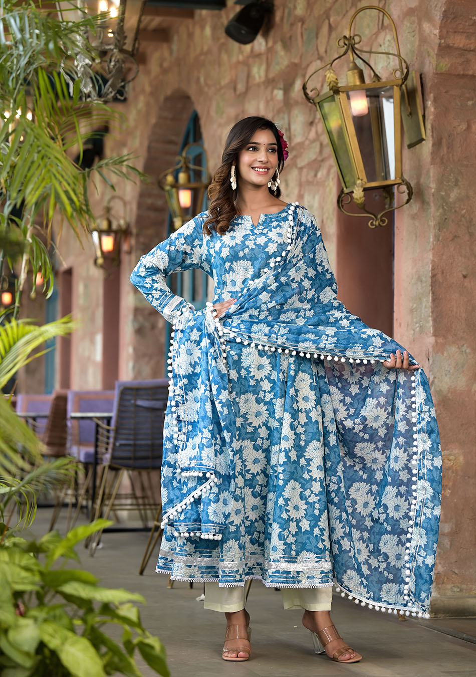 Floral Blue Anarkali Suit with Dupatta