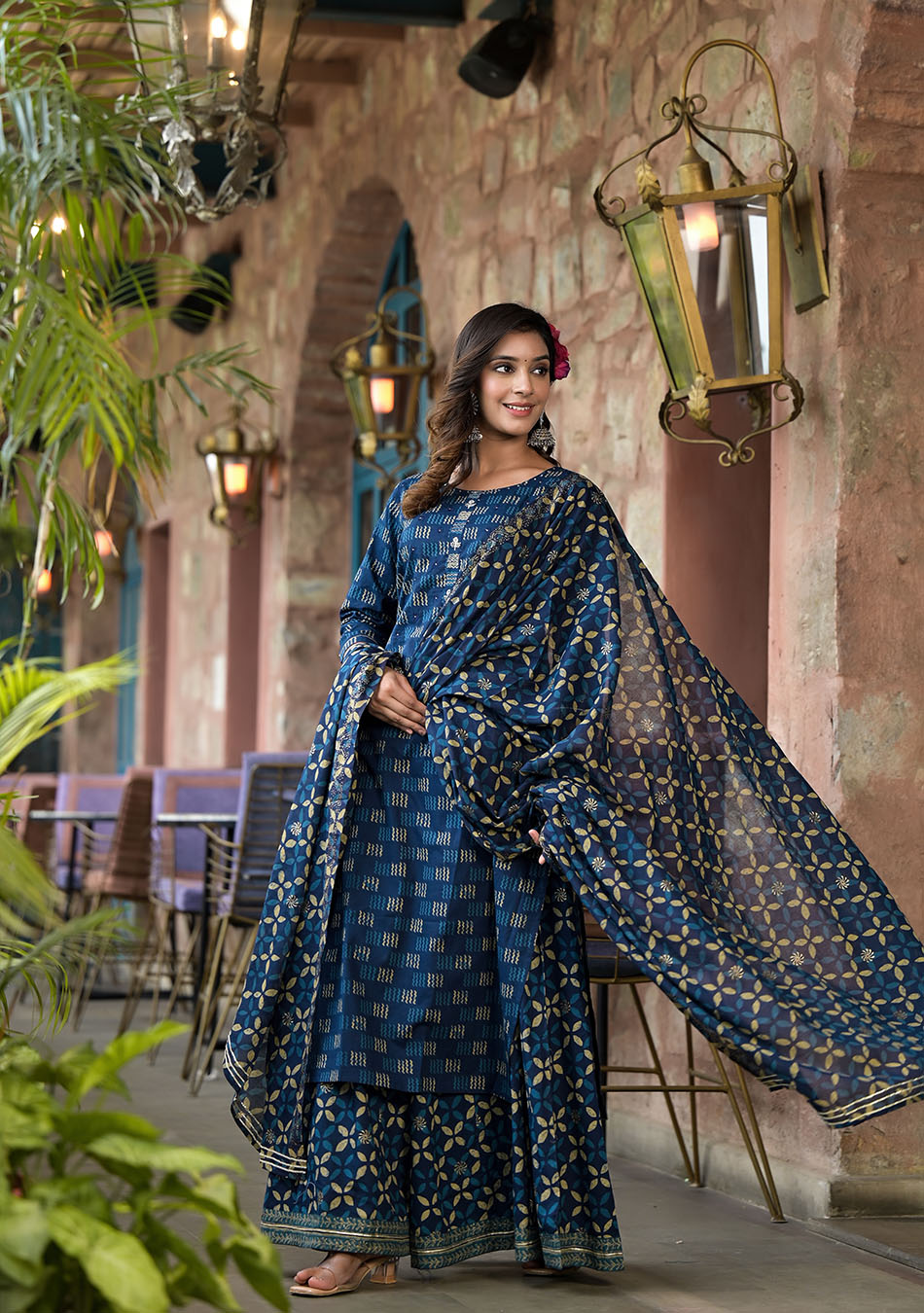 Indigo Kurta Set With Palazzo and Dupatta