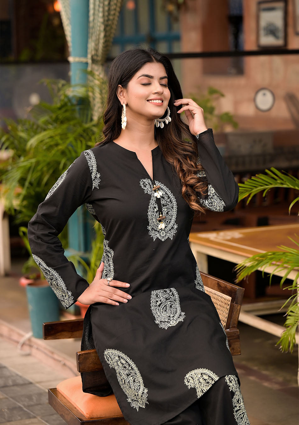 Black Cotton Straight Kurta with Cuffed Hem Pant Set