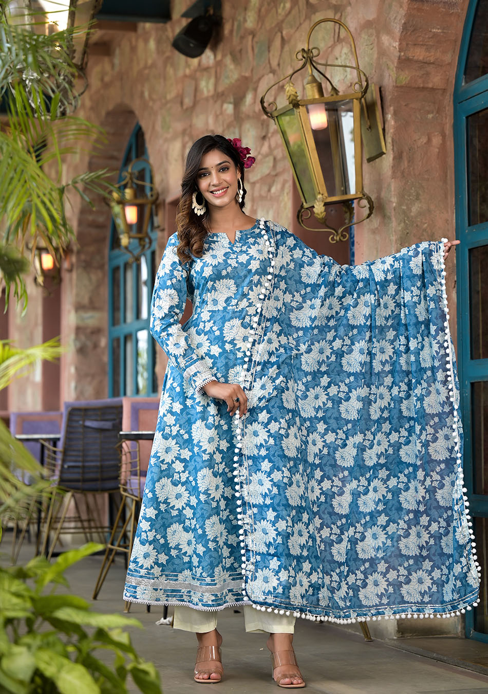 Floral Blue Anarkali Suit with Dupatta