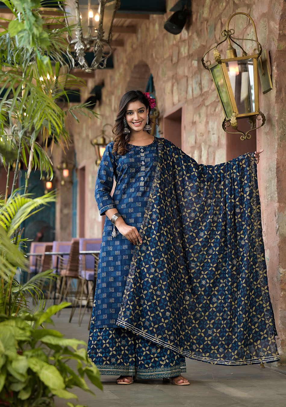 Indigo Kurta Set With Palazzo and Dupatta