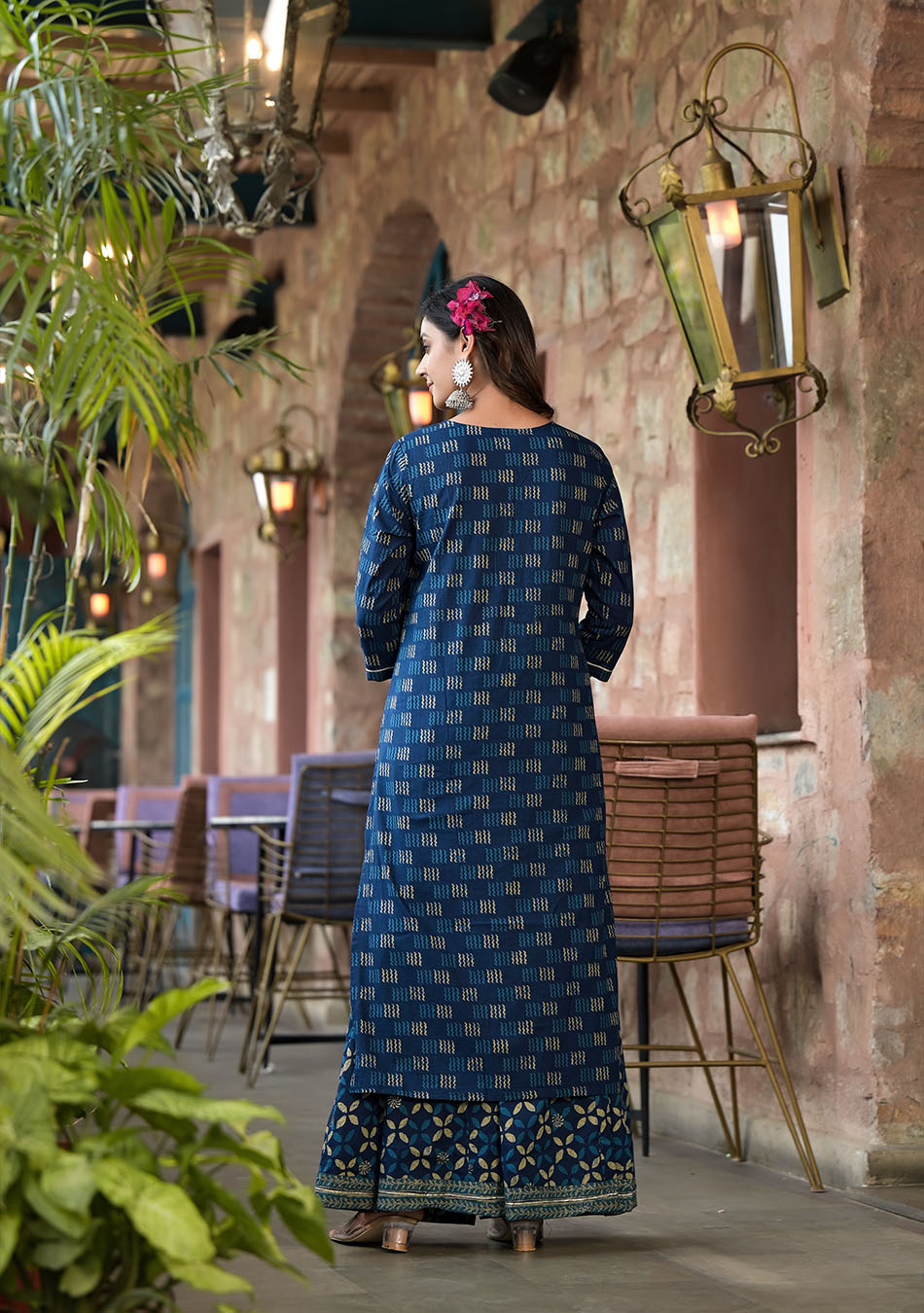 Indigo Kurta Set With Palazzo and Dupatta