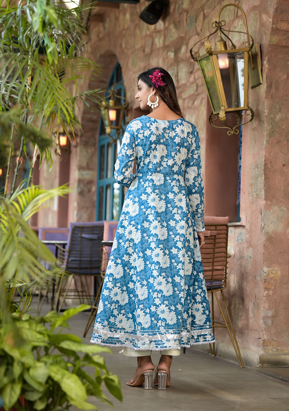 Floral Blue Anarkali Suit with Dupatta