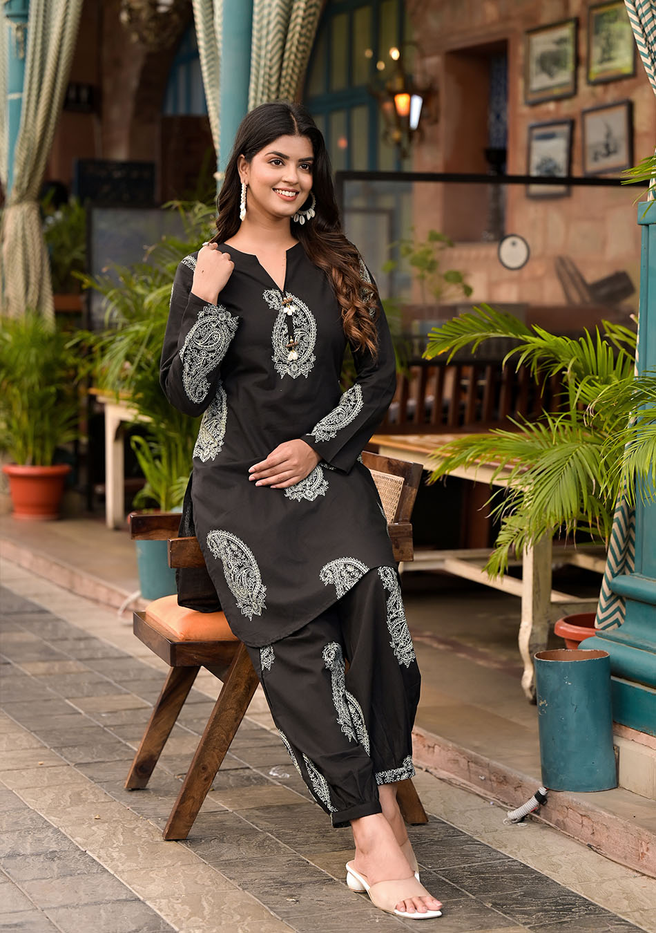 Black Cotton Straight Kurta with Cuffed Hem Pant Set