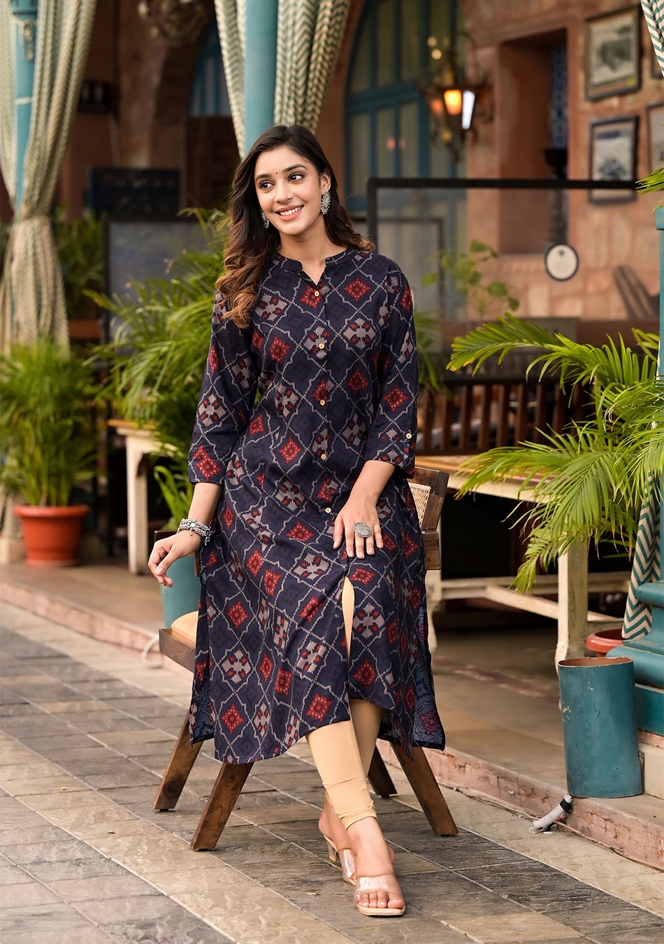 Dark Blue A-Line Printed Rayon Kurta