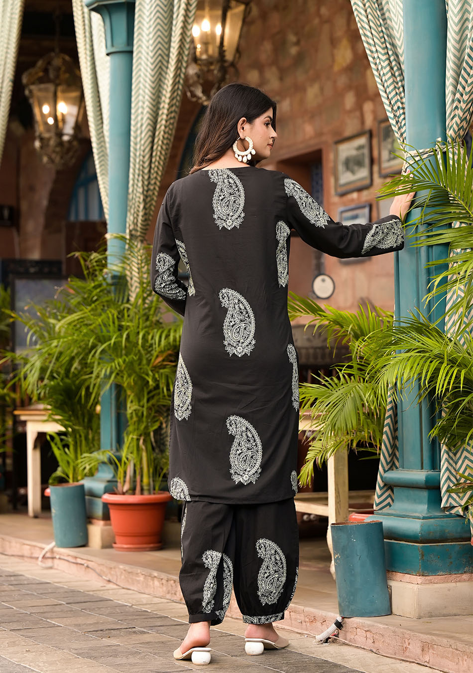 Black Cotton Straight Kurta with Cuffed Hem Pant Set