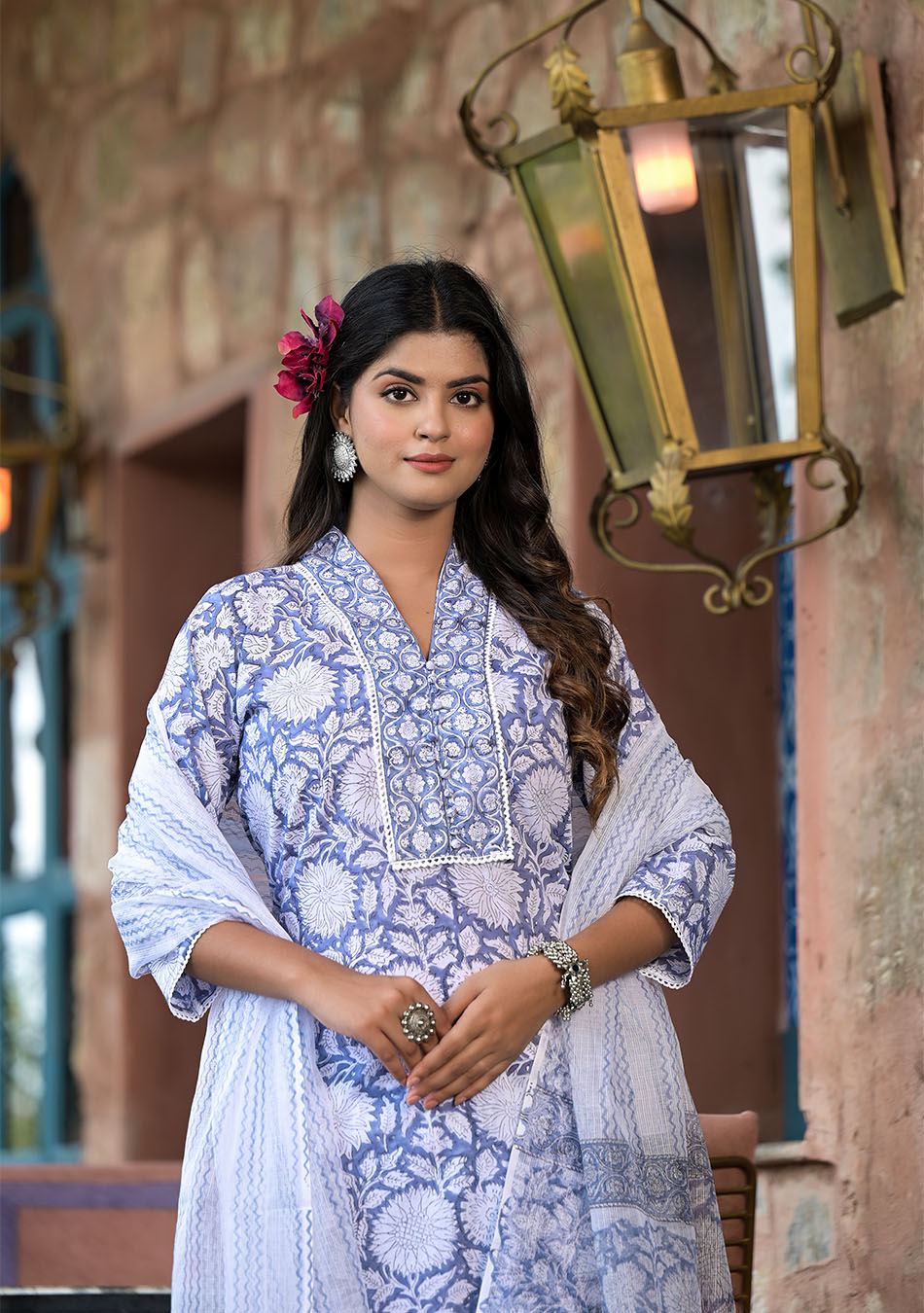 Sky Blue Hand Block Printed Kurta Pant Set with Dupatta