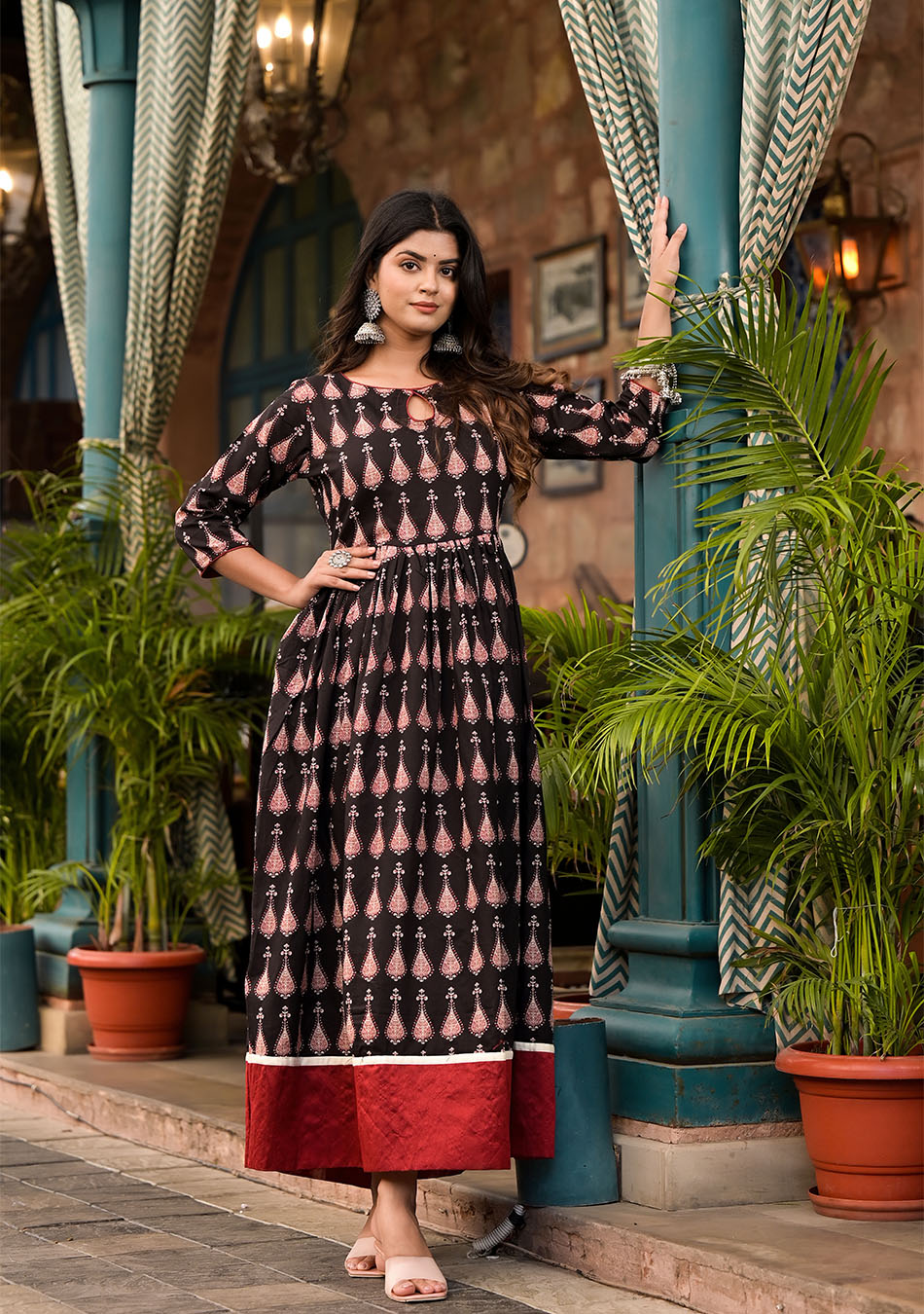 Midnight - Red Cotton Floor Length Anarkali Kurta