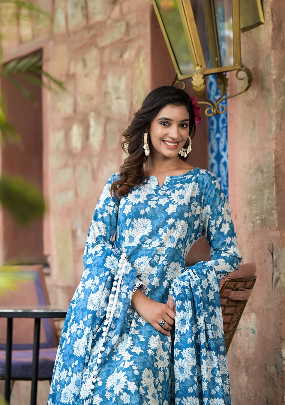 Floral Blue Anarkali Suit with Dupatta