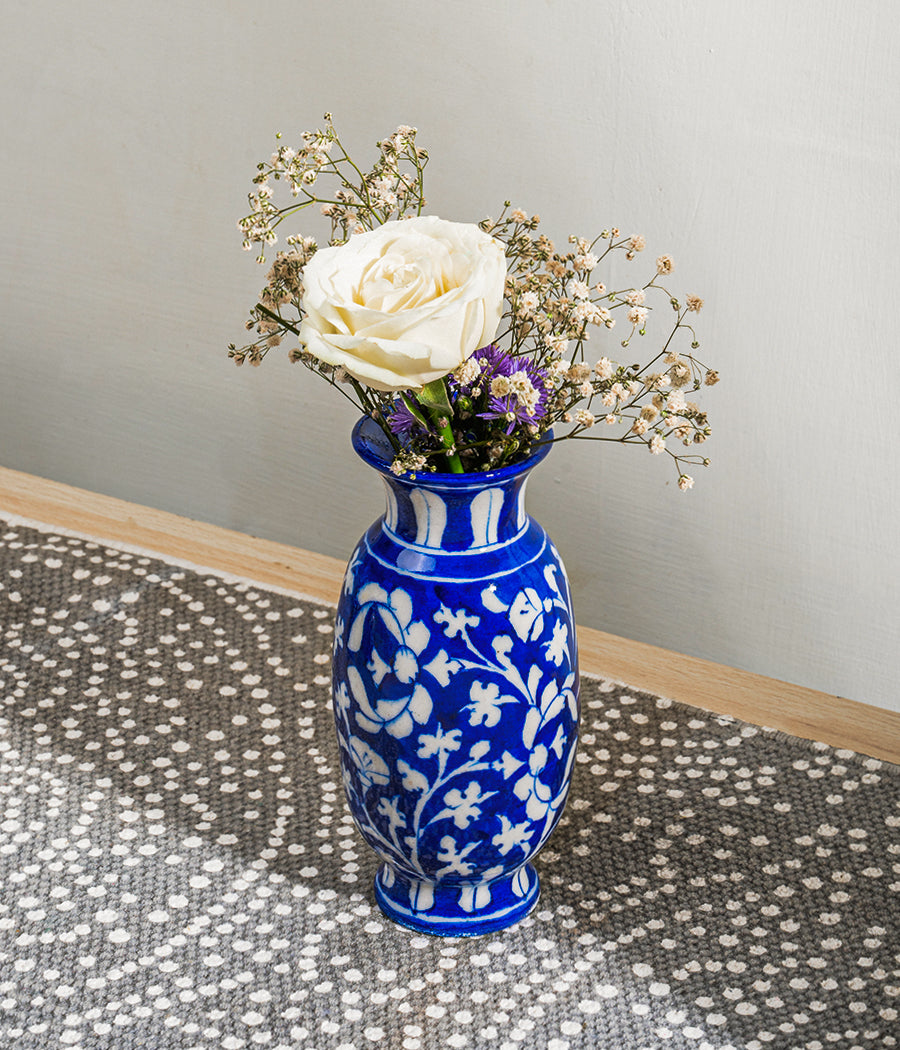 Blue Pottery White Floral Vase