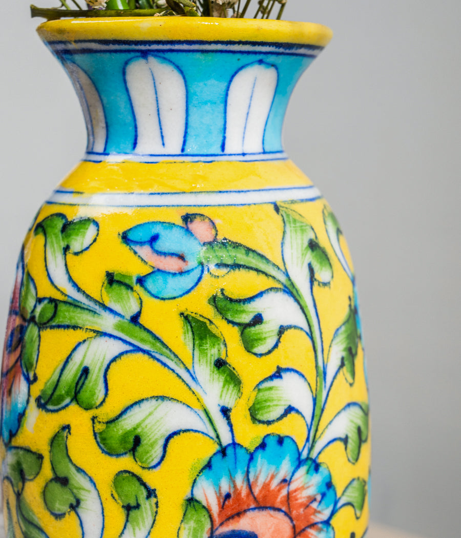 Blue Pottery Yellow Floral Vase