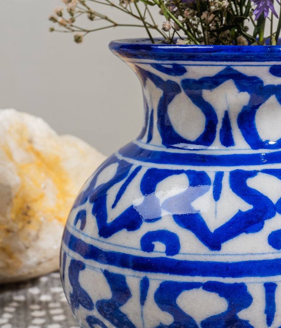 Blue Pottery White Matka Vase