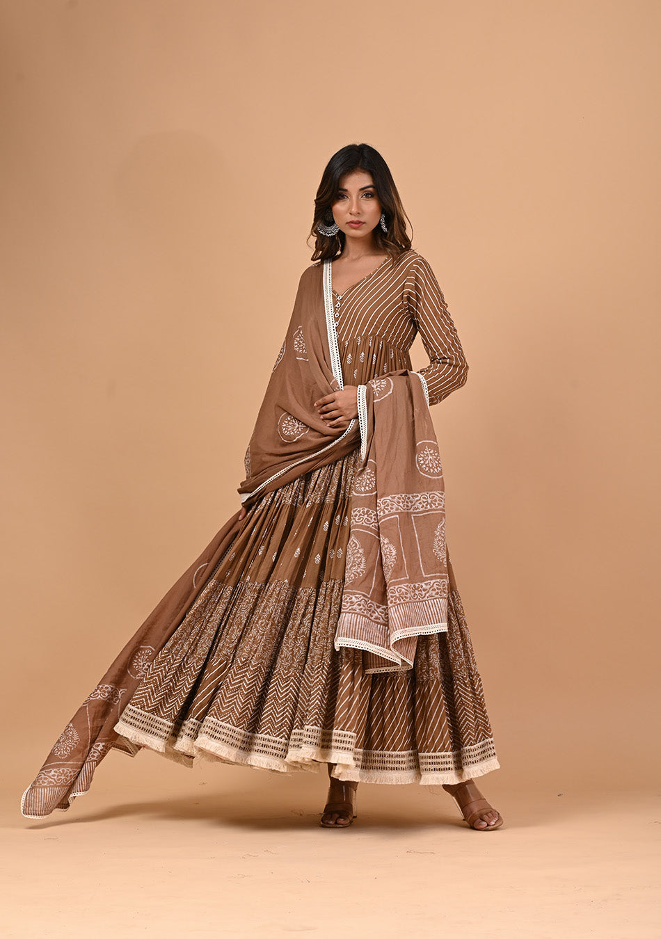 Brown Anarkali with Khadi Print and Dupatta