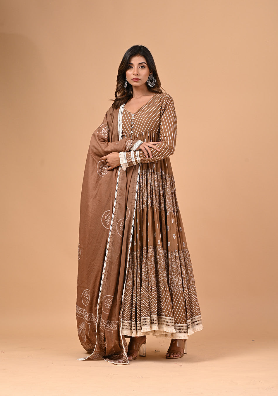 Brown Anarkali with Khadi Print and Dupatta