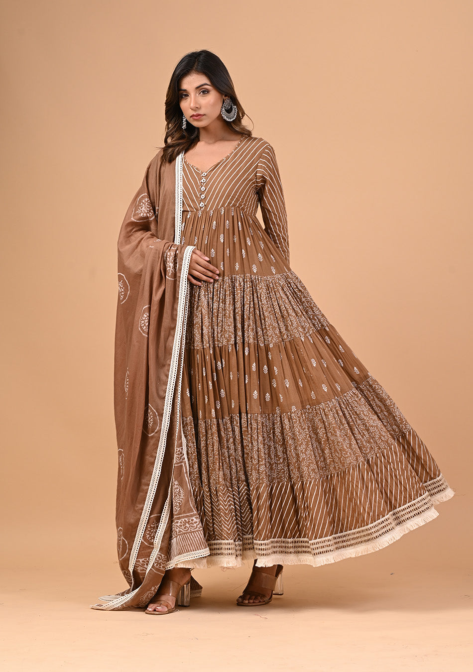 Brown Anarkali with Khadi Print and Dupatta