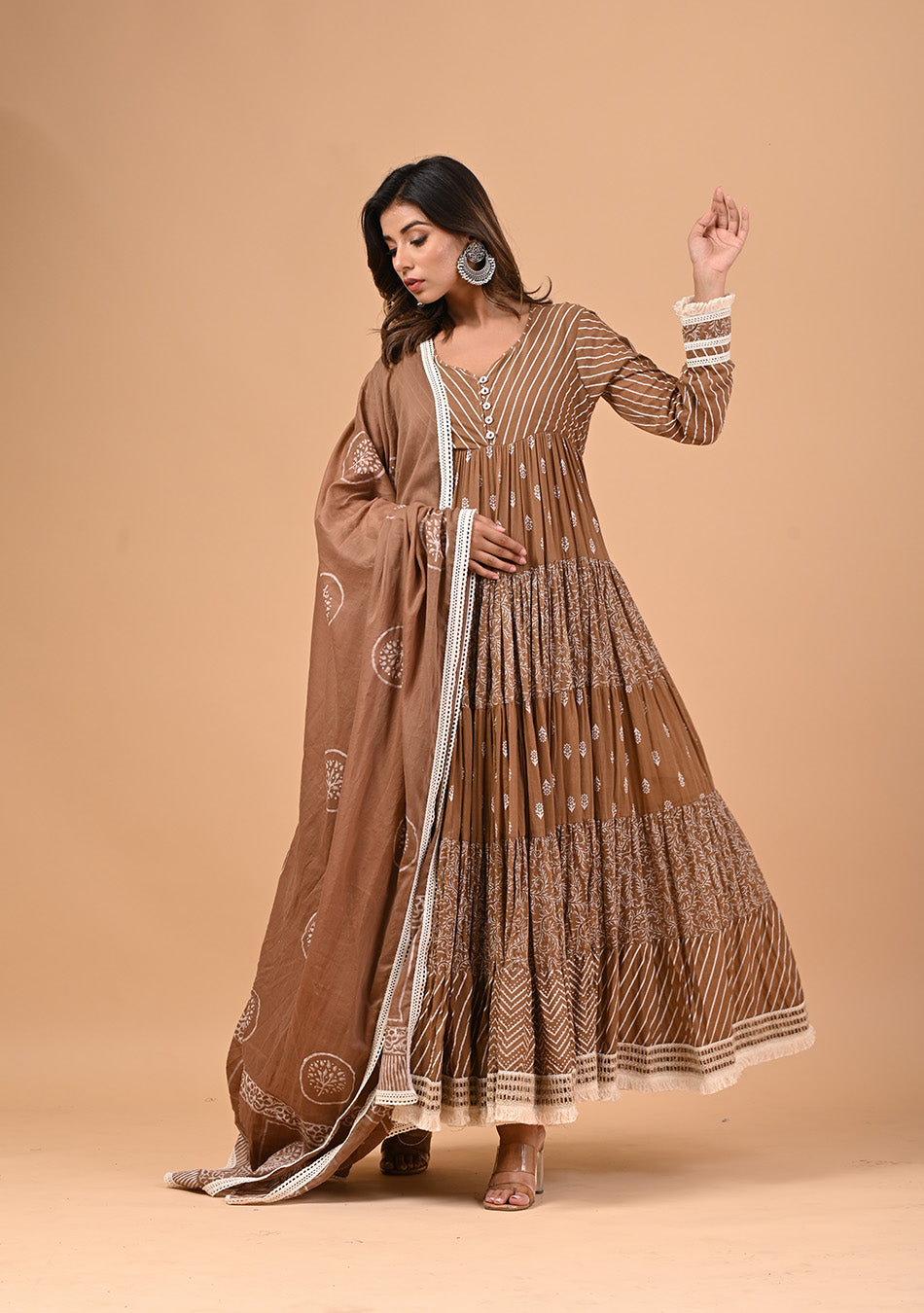 Brown Anarkali with Khadi Print and Dupatta