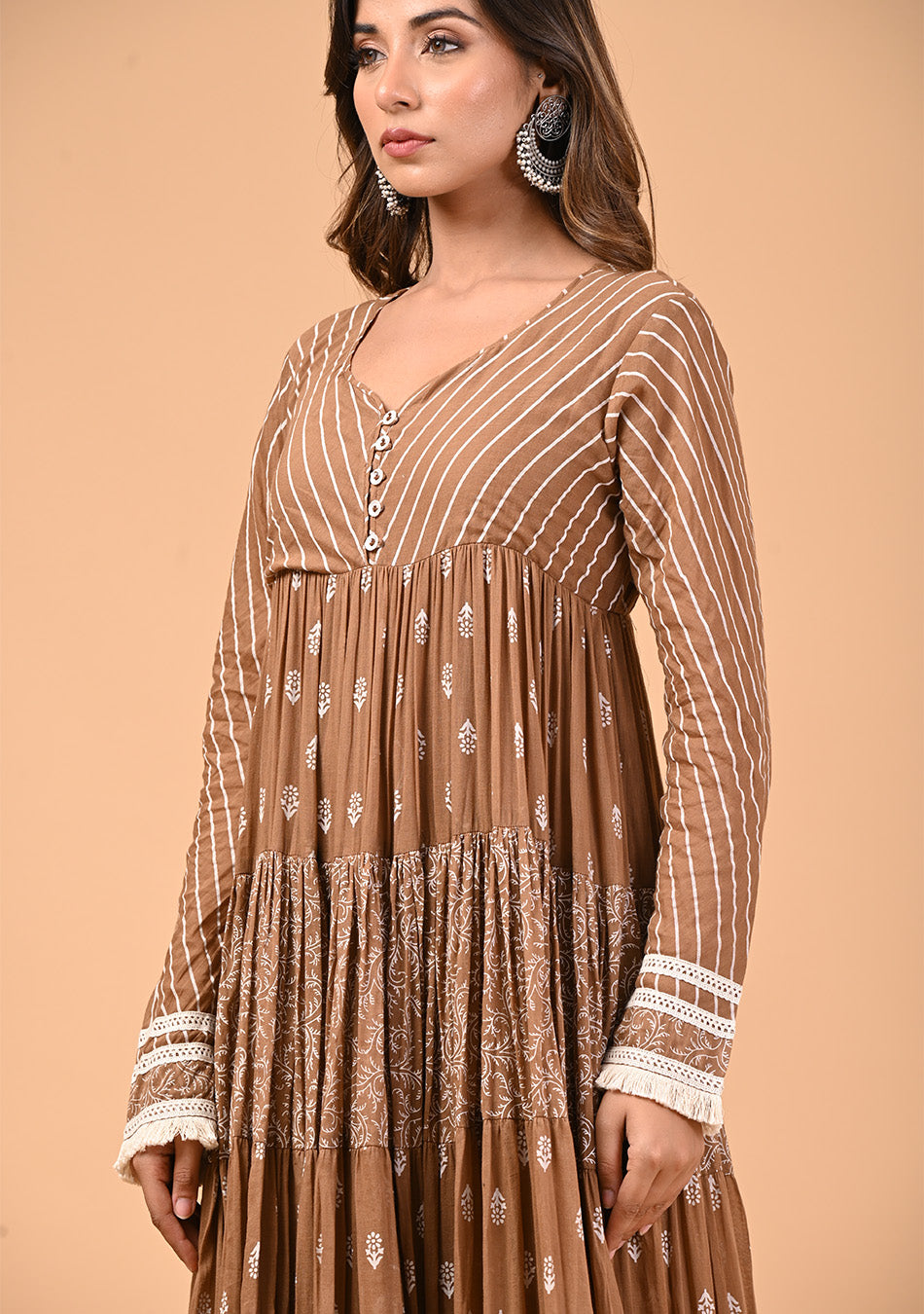 Brown Anarkali with Khadi Print and Dupatta