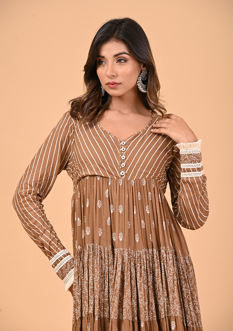 Brown Anarkali with Khadi Print and Dupatta
