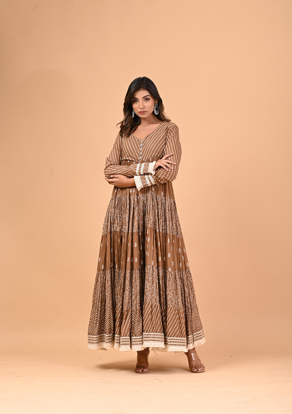 Brown Anarkali with Khadi Print and Dupatta