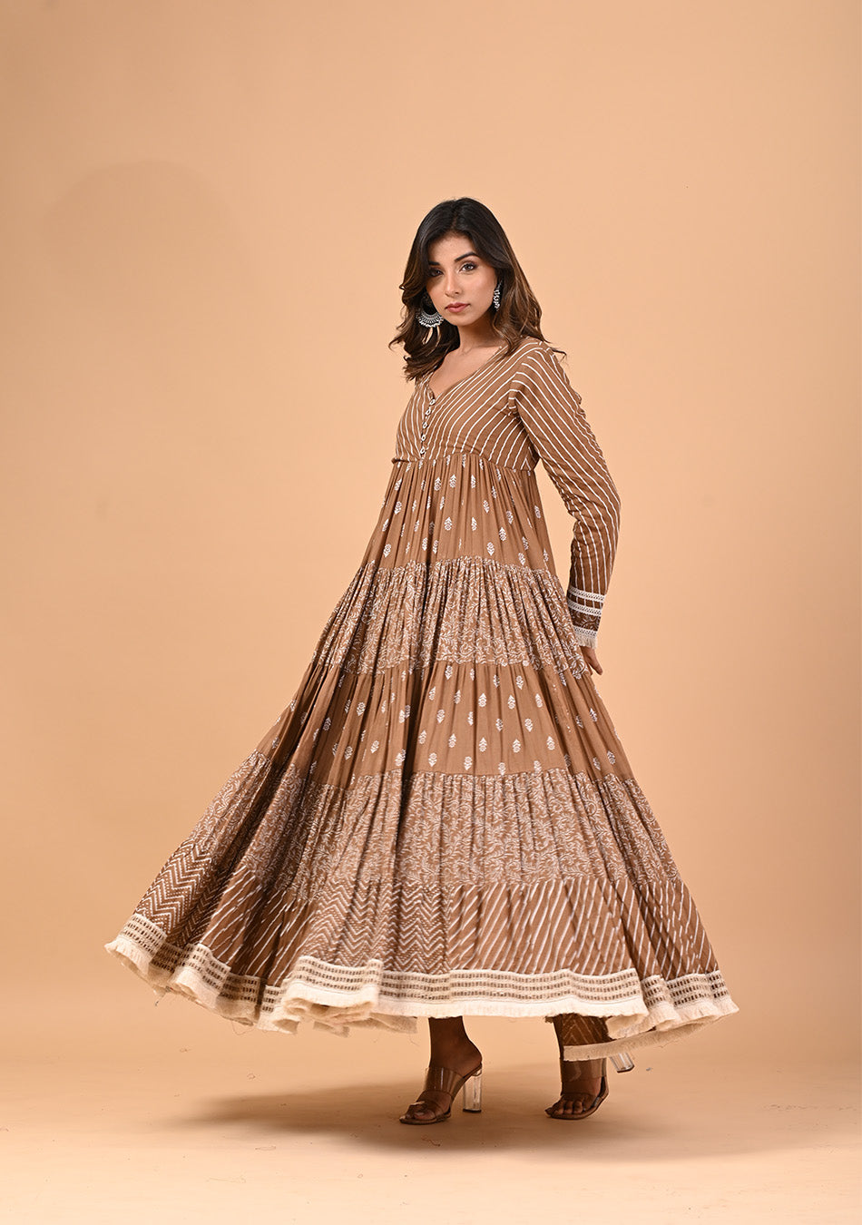 Brown Anarkali with Khadi Print and Dupatta