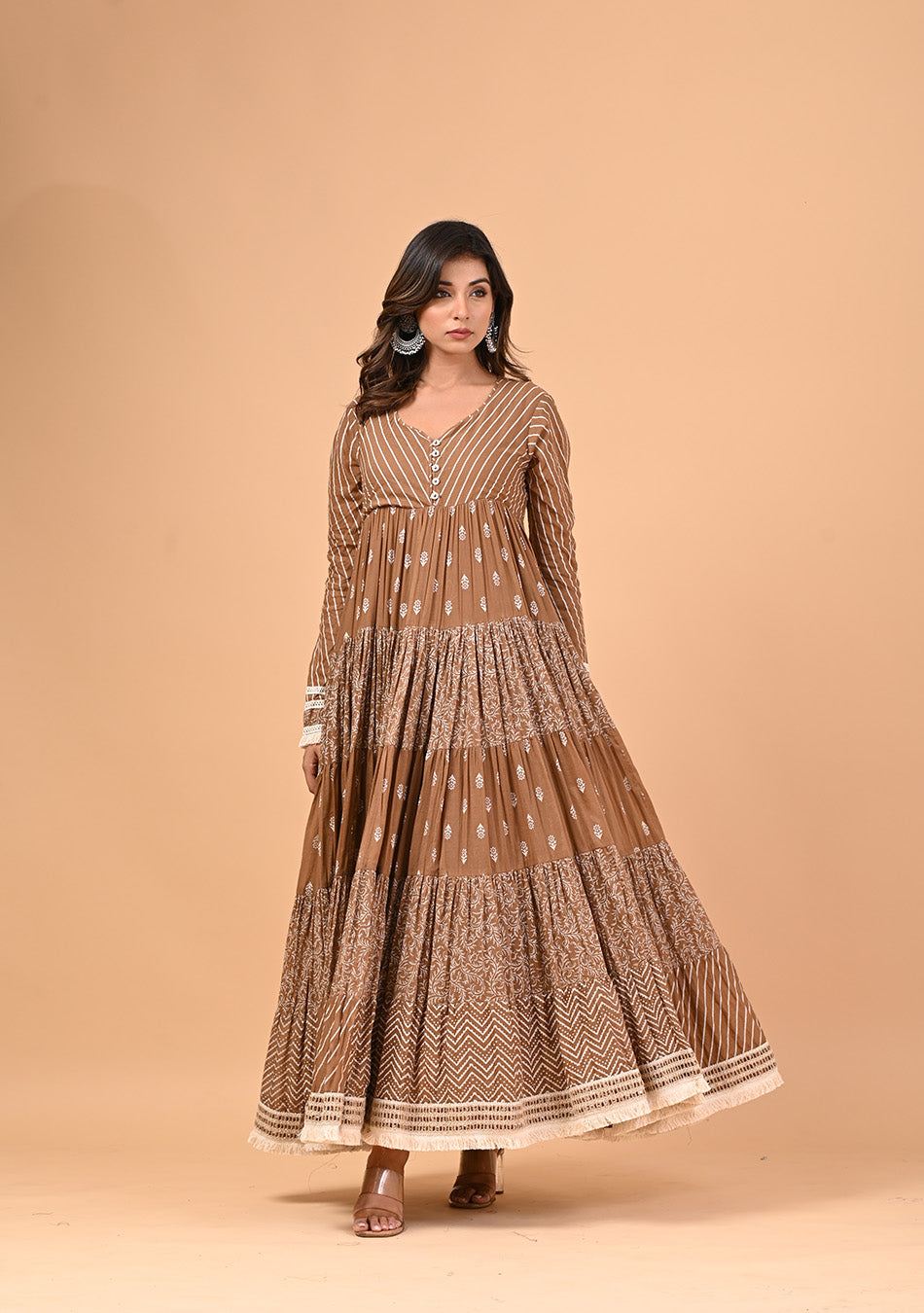 Brown Anarkali with Khadi Print and Dupatta