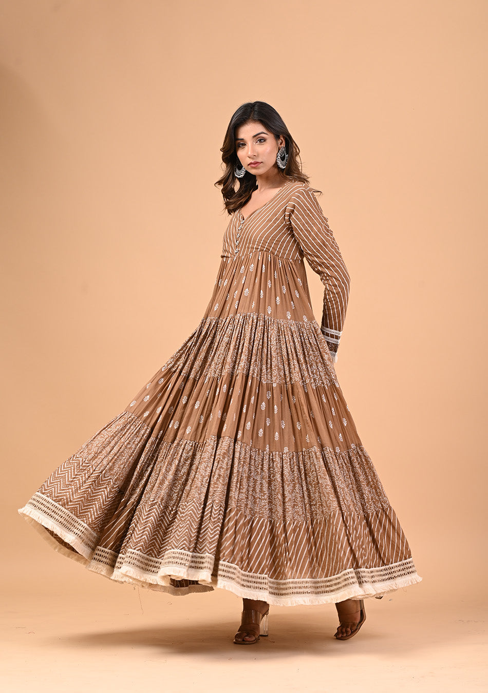 Brown Anarkali with Khadi Print and Dupatta