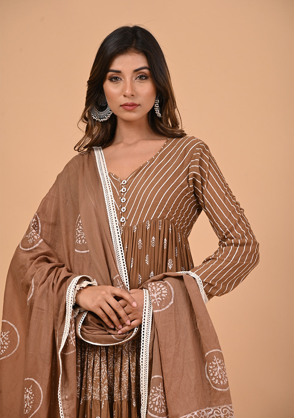 Brown Anarkali with Khadi Print and Dupatta