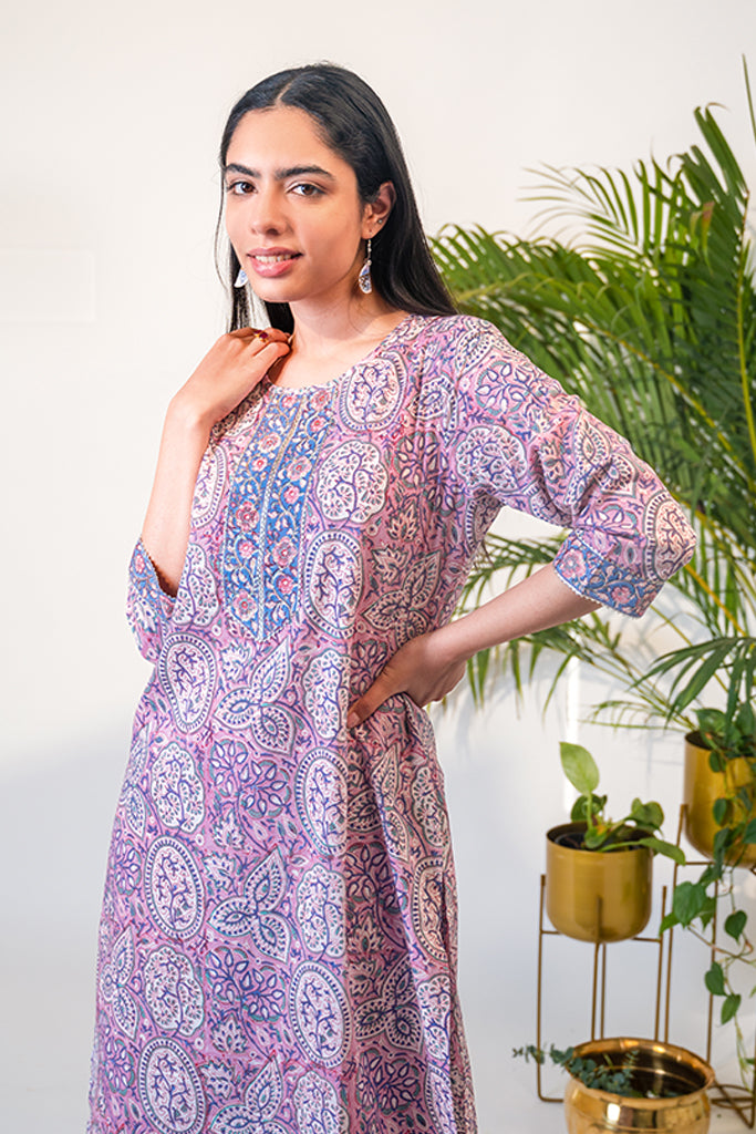 Radial Design Hand-Block Printed Pink Kurta & Pant Set