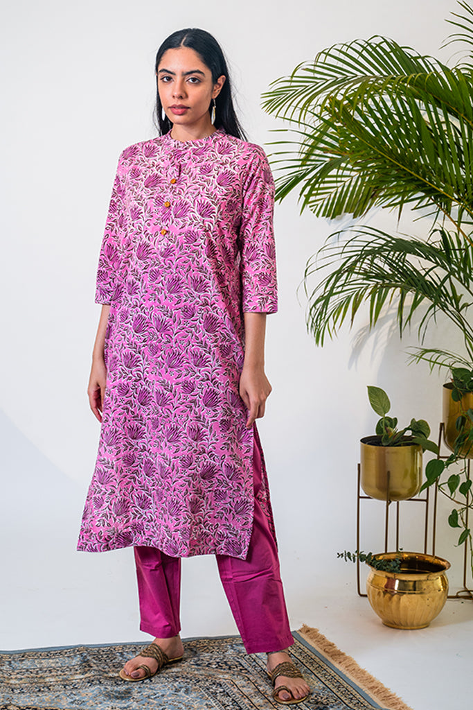 Hand-Block Printed Deep Pink Kurta and Pant Set