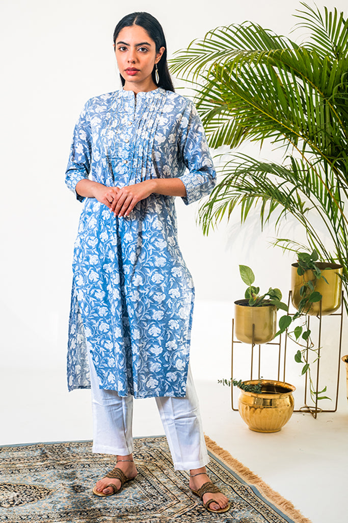 Blue Floral Motif Hand Block Kurta & Pant Set